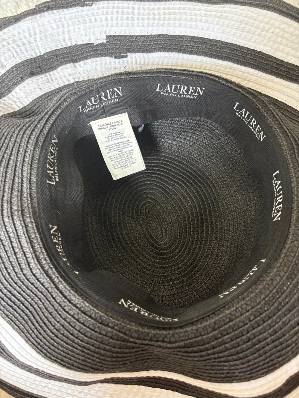Lauren Ralph Lauren Black and White Wide-Brim Straw Sun Hat with Band
